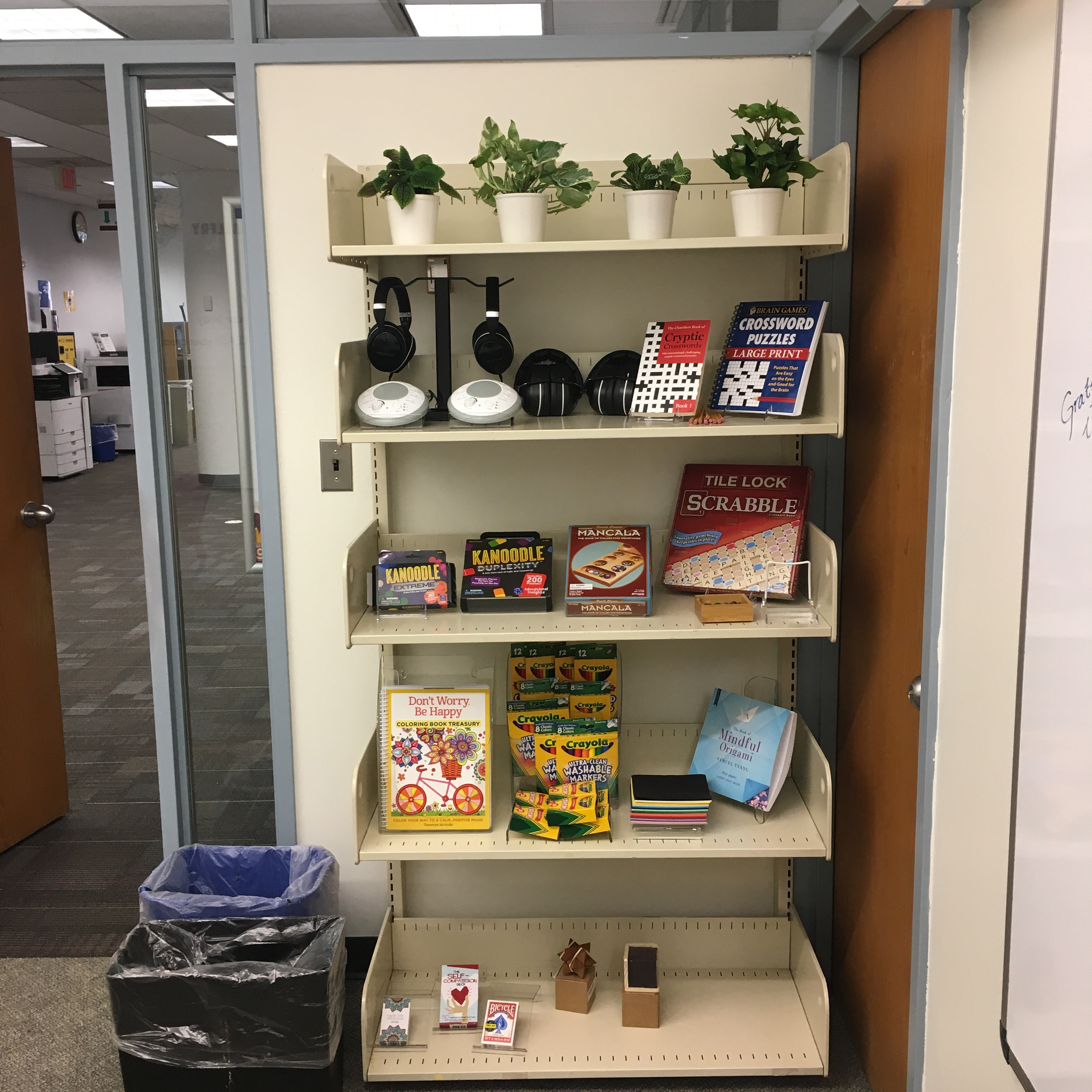 A wall shelf with palnts, books, craoyns, and games