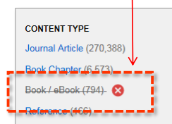 A screenshot of excluding content types in Summon
