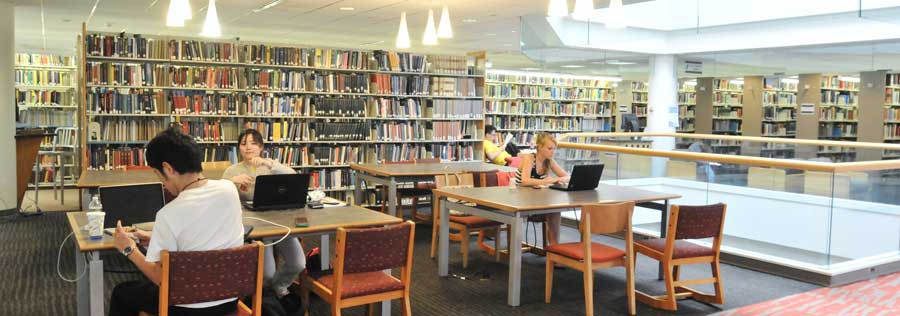 Four students working in the W. W. Hagerty Library (second floor).